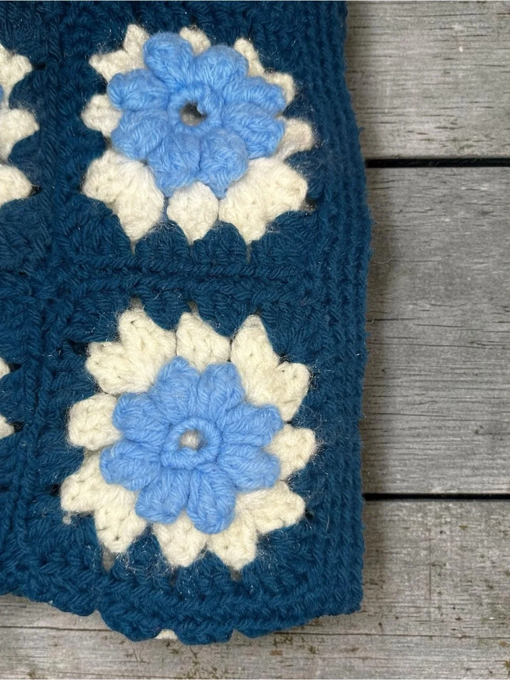 Vintage Crochet Afghan Blanket Navy Blue White Floral Granny Square 40x60